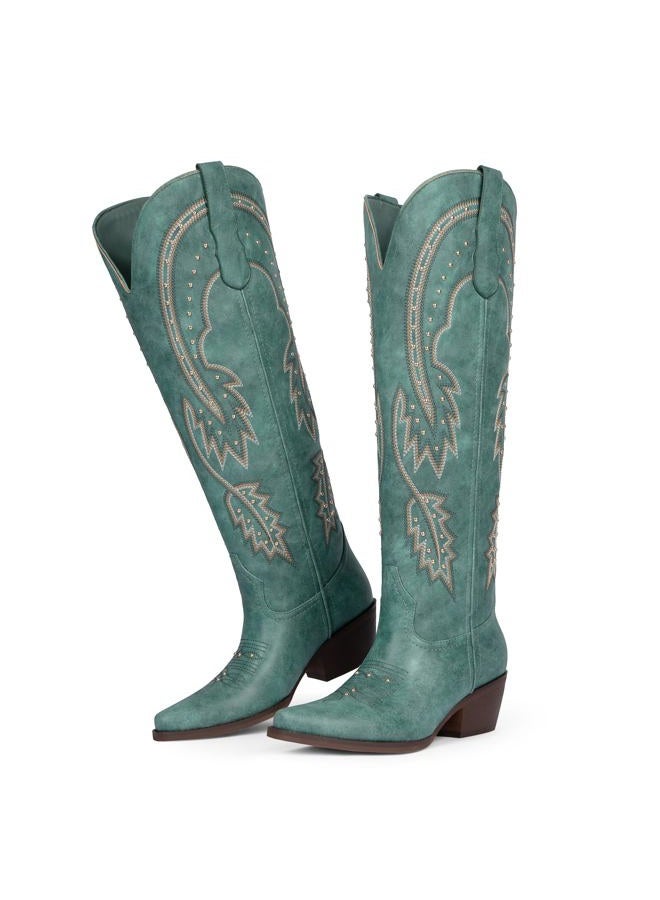 QIY Cowboy Boots for Women Knee High Womens Rhinestone Cowgirl Boots Pointed Toe Slip on Chunky Heel Western Boot, Turquoise, 7 - Image 4