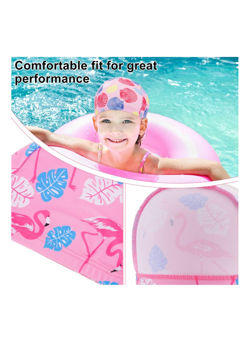SOLARAE 3 Pack Kids Swim Caps - Waterproof Polyester Fabric Swimming Hats for Long Hair, Unisex Bathing Caps with Fun Designs (Seashell, Flamingo, Unicorn) - Flexible and Comfortable for Young Swimmers. - Image 5