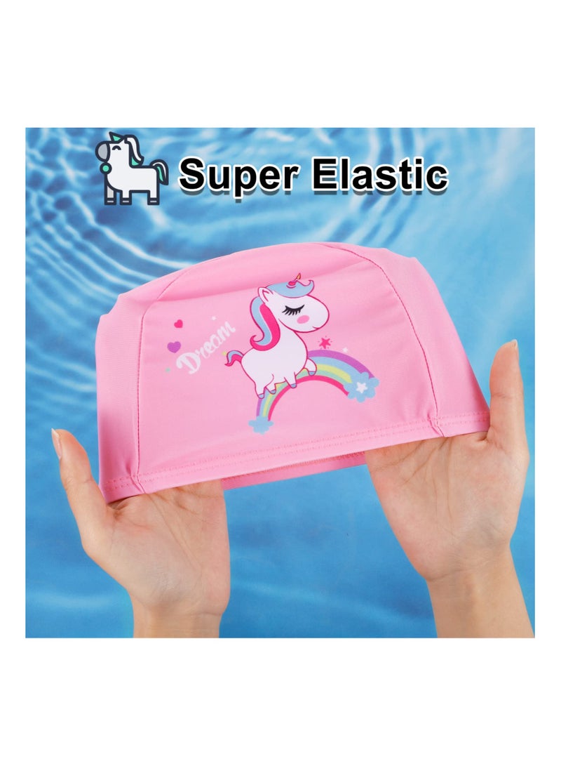 SOLARAE 3 Pack Kids Swim Caps - Waterproof Polyester Fabric Swimming Hats for Long Hair, Unisex Bathing Caps with Fun Designs (Seashell, Flamingo, Unicorn) - Flexible and Comfortable for Young Swimmers. - Image 4