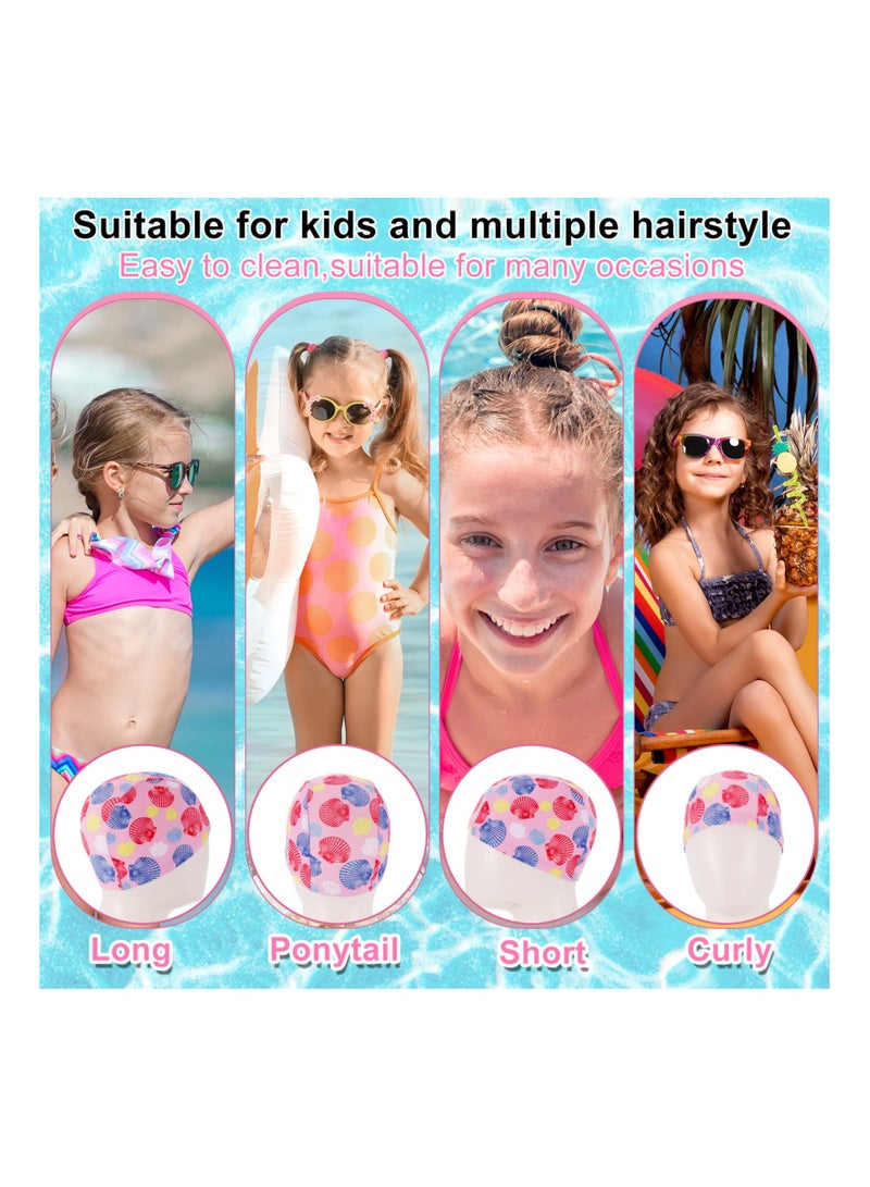 SOLARAE 3 Pack Kids Swim Caps - Waterproof Polyester Fabric Swimming Hats for Long Hair, Unisex Bathing Caps with Fun Designs (Seashell, Flamingo, Unicorn) - Flexible and Comfortable for Young Swimmers. - Image 2