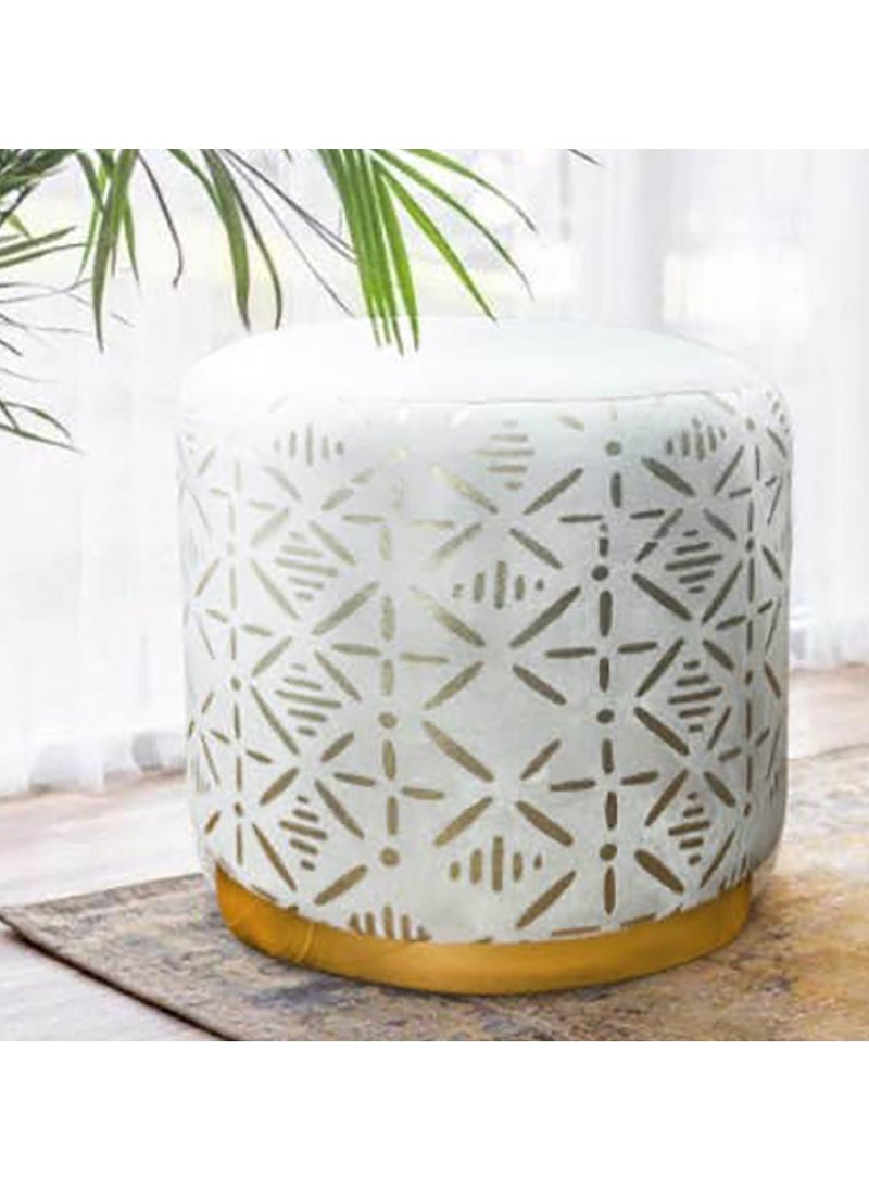 ROYALOAK Royaloak Geometric Foil Printed Round Ottoman Poufs | Velvet Fabric Material | Ideal For Living Rooms & Bed Rooms | Chantilly White | Small Round Ottoman | Ottoman for Sitting  - Image 1