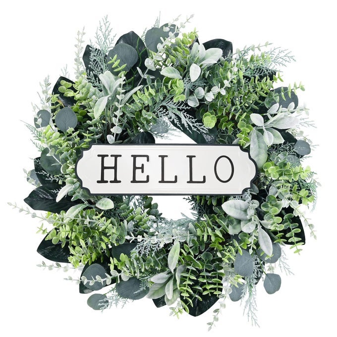 HELLO DOOR WREATH BOXWOOD WREATH 24INCH FARMHOUSE EUCALYPTUS FLOCKED LAMBS EAR WREATH FOR FRONT DOOR HANGING WALL WINDOW PARTY DECORATIONGREEN