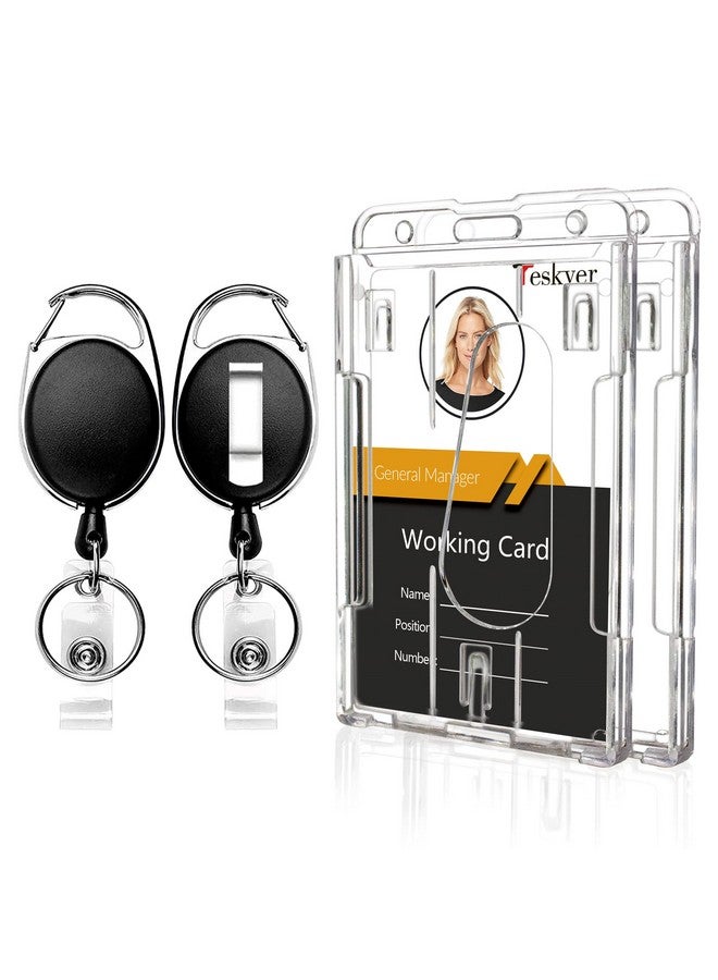 Teskyer 2 Pack Heavy Duty Retractable Badge Reel Clip With Hard Plastic Clear Badge Holders Holding 2 Pieces Of Id Badge Name Card Vertical Style - Image 1