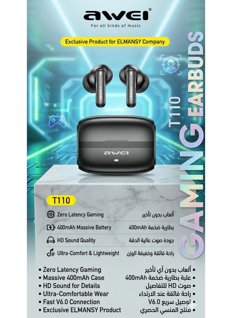 Awei T110 True Wireless Gaming Earbuds - Low Latency, Large Capacity Case, HD Sound & Comfy Design (Exclusive ELMANSY)