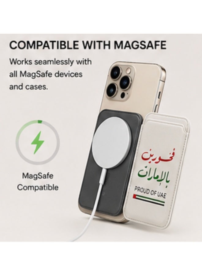 محفظة بطاقات مغناطيسية متوافقة مع MagSafe، جلد بولي يوريثان، تصميم "فخور بالإمارات"، أبيض - Image 2