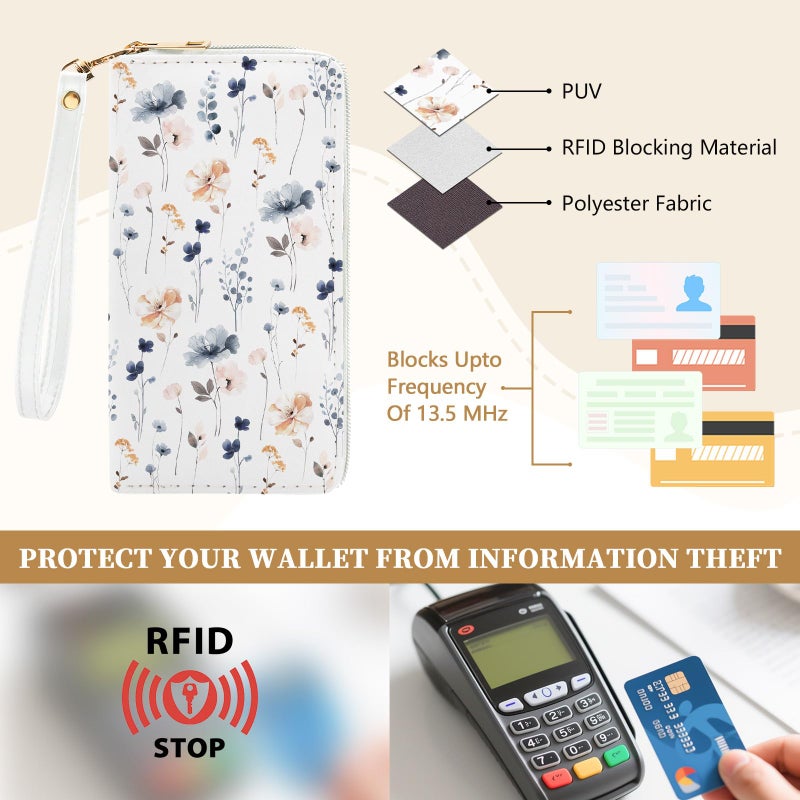 Vorruil Flower Womens Wallet, RFID Blocking Wallets for Women, Ladies Purse with Zip Around Credit Card Holder and 10 Card Slots & ID Window, Travel Large Capacity Women's Clutch Hand Strap Christmas Gift - Image 4