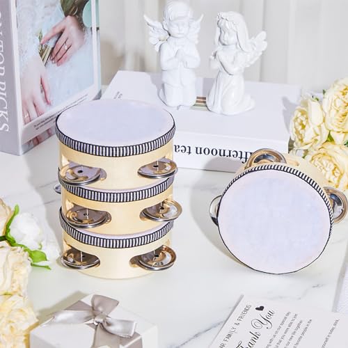 Lukmaa 12 Pcs Wedding Tambourine Drum Bulk for Adults Hand Held Percussion Gift Christmas Wood Metal Jingles Musical Educational Drum Instrument for Church Wedding Party Games(White,4 Inch) - Image 4