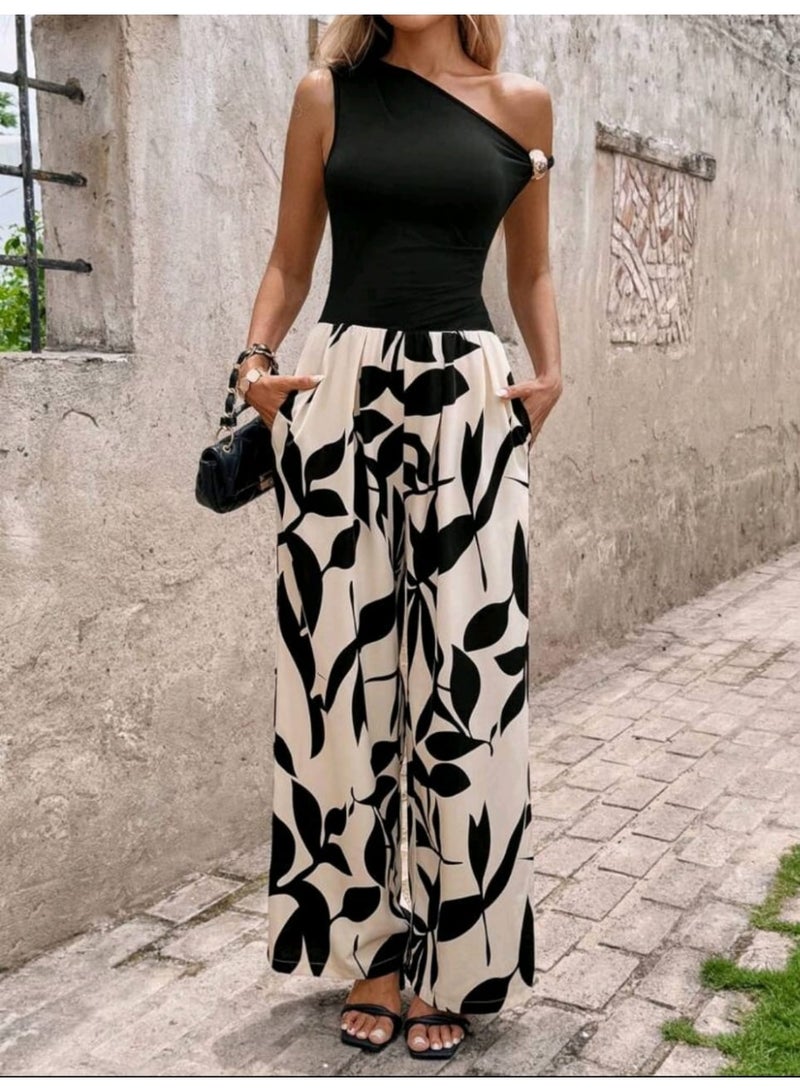SHEIN Clasi Summer Elegant Women's Twisted Metal Decorative Floral Print Pants Jumpsuit - Image 2