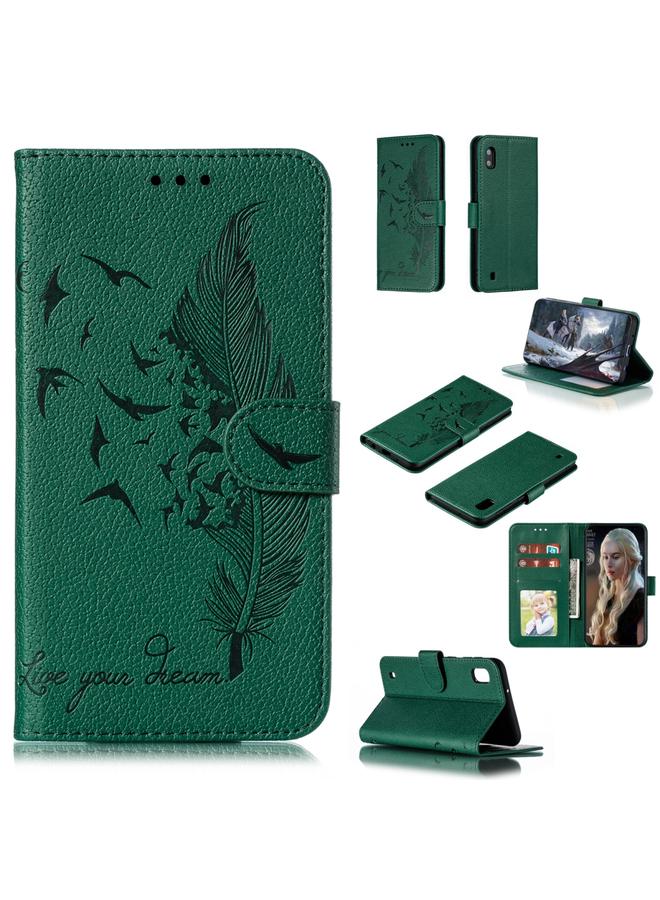 اس-توب جراب جلدي أفقي بتصميم ريشة من الليتشي مع محفظة وحامل وفتحات للبطاقات لهاتف Galaxy A10 - Image 1