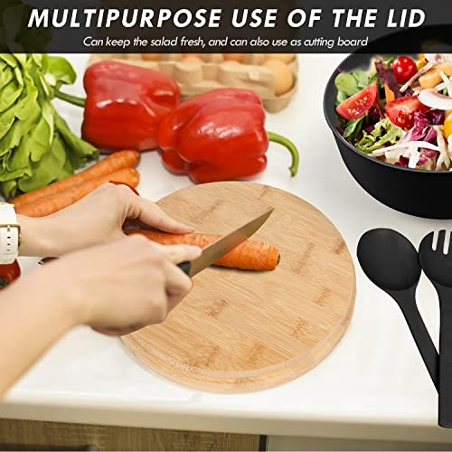 ShineMe Salad Bowls, Large Salad Bowl with Lid and Servers, Bamboo Salad Bowl Set with 4Pack Small Serving Bowls, 9.8inches Solid Kitchen Bowl for Fruits, Vegetables and Pasta...(Black) - Image 4