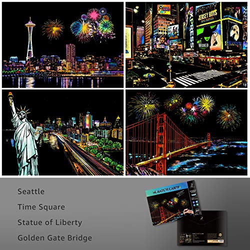 AP ARTSPER Scratch Art for Teens & Adults, Rainbow Engraving Painting Landscape Scratchboard(A4) Crafts Set: 8 Sheets with 4 tools - New York, Statue of Liberty, Golden Gate Bridge, Manarola (America / Europe) - Image 3