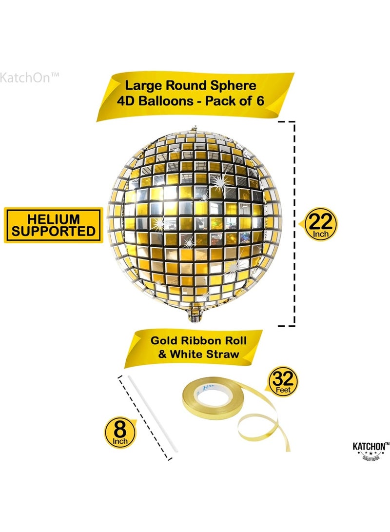 KATCHON Gold Disco Ball Balloons - 22 Inch, Pack of 6 | 4D Metallic Disco Balloons For Disco Party Decorations | Graduation Balloon, Gold Graduation Decorations 2025 | Birthday Party Decor - Image 3