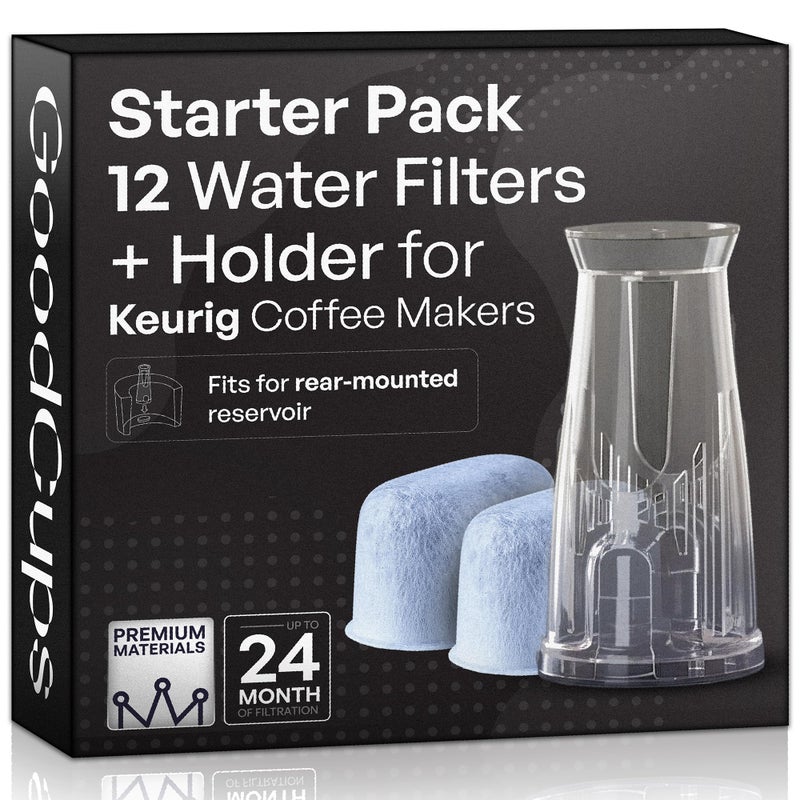GoodCups Water Filter Holder and 12 Water Filters for Keurig K-Compact, K-Duo, K-Duo Essentials, K-Latte - for Use in All Keurig Brewers with Water Reservoir Shorter than 8” Tall - Image 1