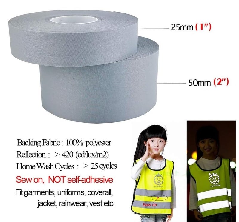 ALASKA Sew On Silver Reflective Fabric Polyester Material DIY Tape For Clothing 1 Inch x 10 Meters - Image 2