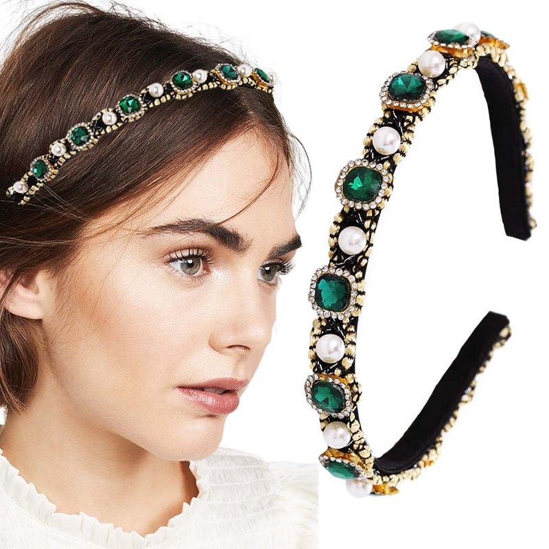 Firuilo Emerald Headband Pearl Rhinestones Hairbands Green Crystal Hair Hoop Baroque Vintage Thin Head Bands for WomenType A