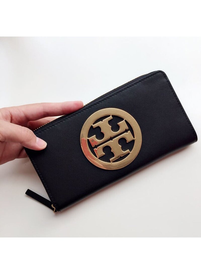 Burch Tory Burch Black Leather Women's Zip-Around Wallet with Large Gold Logo - Image 4