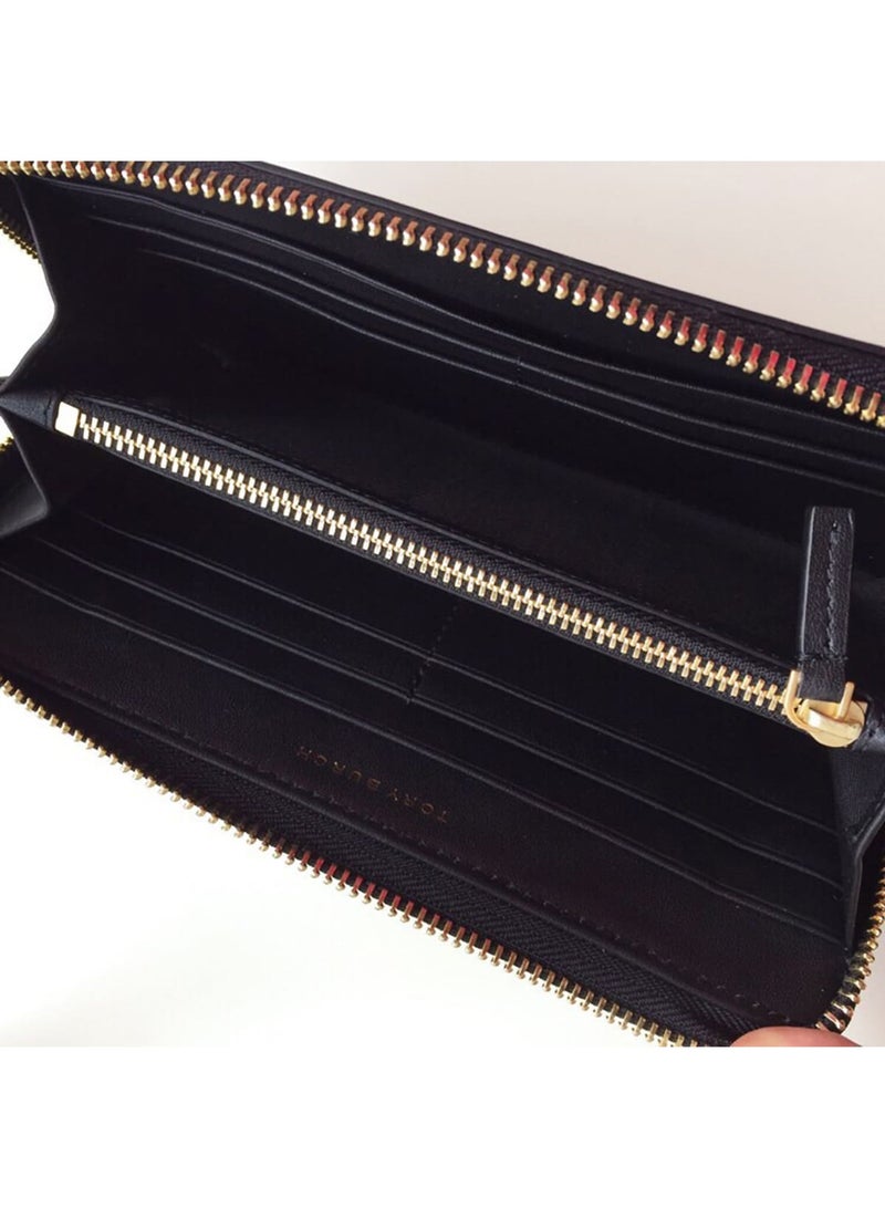 Burch Tory Burch Black Leather Women's Zip-Around Wallet with Large Gold Logo - Image 5