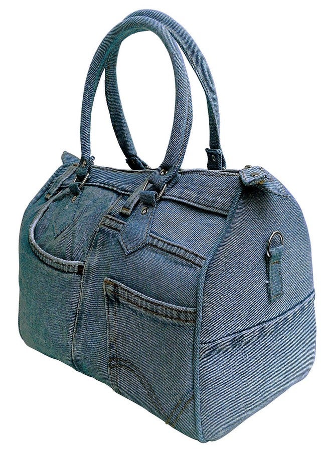 Bijoux de Ja Upcycling Blue Denim Jeans Large Bowler Style Double Top Handle Convertible Shoulder Handbag Purse BNL100 (Medium Shade) - Image 2