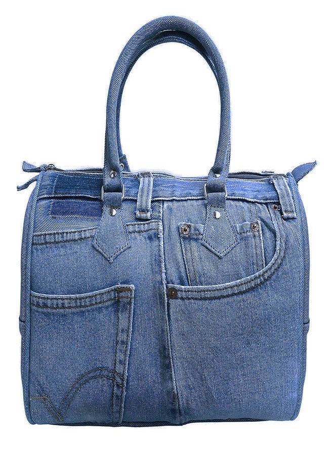 Bijoux de Ja Upcycling Blue Denim Jeans Large Bowler Style Double Top Handle Convertible Shoulder Handbag Purse BNL100 (Medium Shade) - Image 1