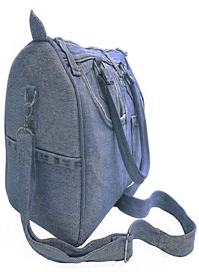 Bijoux de Ja Upcycling Blue Denim Jeans Large Bowler Style Double Top Handle Convertible Shoulder Handbag Purse BNL100 (Medium Shade) - Image 3