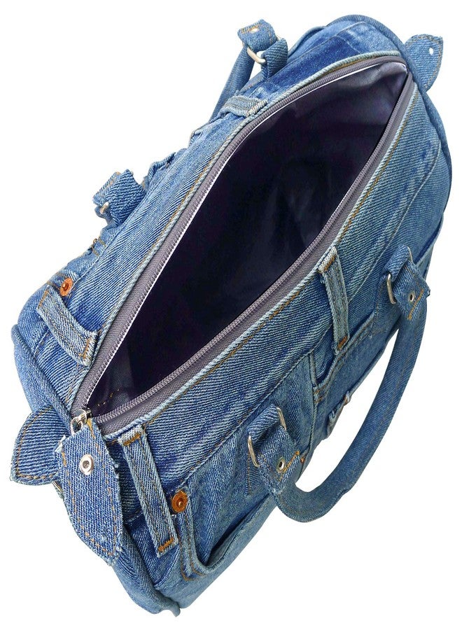 Bijoux de Ja Upcycling Blue Denim Jeans Large Bowler Style Double Top Handle Convertible Shoulder Handbag Purse BNL100 (Medium Shade) - Image 4