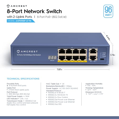 Amcrest 8-Port POE+ Switch, Power Over Ethernet, 802.3at, 96W, Metal Housing, 2-Port Uplink, Unmanaged, Desktop, 1-Year Warranty - Image 4