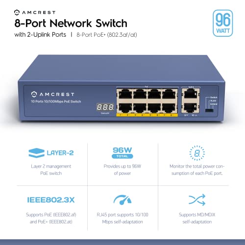 Amcrest 8-Port POE+ Switch, Power Over Ethernet, 802.3at, 96W, Metal Housing, 2-Port Uplink, Unmanaged, Desktop, 1-Year Warranty - Image 2