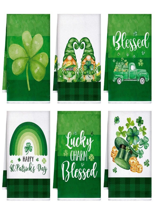 Honoson 6 Pcs St Patrick's Day Kitchen Towels St. Patrick's Day Dish Towels Shamrocks Gnomes Plaid Absorbent Bathroom Set Tea Cloth for Kitchen Home 16 x 24 Inches(Bright Green,Shamrock) - Image 1