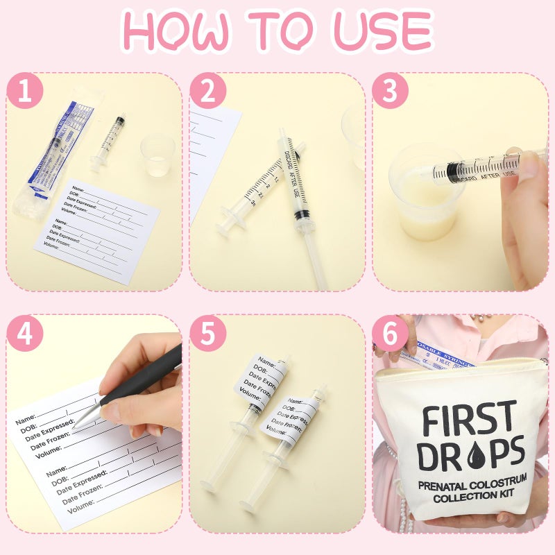 Geiserailie 100 Set Colostrum Collector Kit Include 100 1ml /3ml Sterile Sealed Breast Milk Collector No Needle Colostrum Syringes 100 Stickers 1 Measuring Cup Collection 1 White Canvas Bag - Image 4