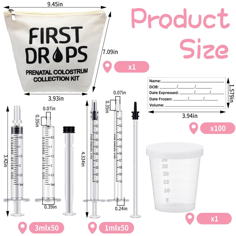 Geiserailie 100 Set Colostrum Collector Kit Include 100 1ml /3ml Sterile Sealed Breast Milk Collector No Needle Colostrum Syringes 100 Stickers 1 Measuring Cup Collection 1 White Canvas Bag - Image 2