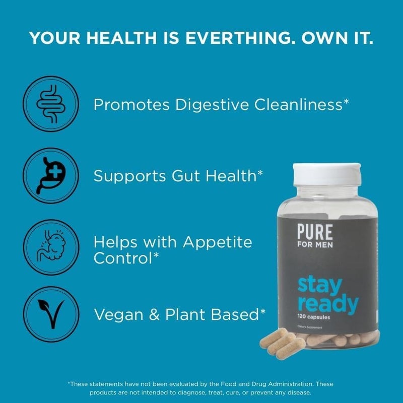 Pure for Men Original Vegan Cleanliness Stay Ready Fiber Supplement  Helps Promote Digestive Regularity  Psyllium Husk Aloe Vera Chia Seeds Flaxseeds  Proprietary Formula  120 Vegan Capsules - Image 5