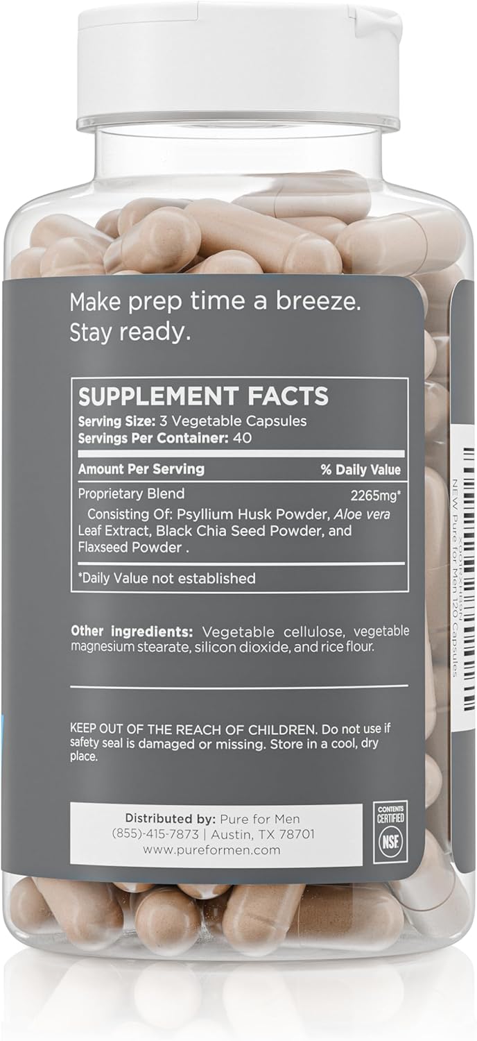 Pure for Men Original Vegan Cleanliness Stay Ready Fiber Supplement  Helps Promote Digestive Regularity  Psyllium Husk Aloe Vera Chia Seeds Flaxseeds  Proprietary Formula  120 Vegan Capsules - Image 2