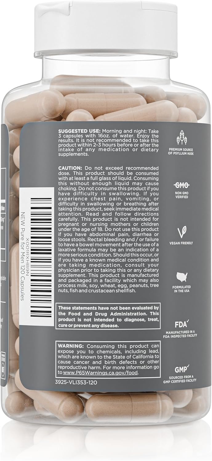 Pure for Men Original Vegan Cleanliness Stay Ready Fiber Supplement  Helps Promote Digestive Regularity  Psyllium Husk Aloe Vera Chia Seeds Flaxseeds  Proprietary Formula  120 Vegan Capsules - Image 3