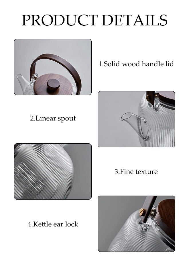 إسكدنيا 800ML Vertical Lines Borosilicate Glass Teapot With Infuser Filter,Large Capacity Boiling Teapot with Wooden Handle,for Women and Adult,Clear - Image 4