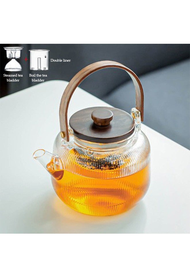 إسكدنيا 800ML Vertical Lines Borosilicate Glass Teapot With Infuser Filter,Large Capacity Boiling Teapot with Wooden Handle,for Women and Adult,Clear - Image 2