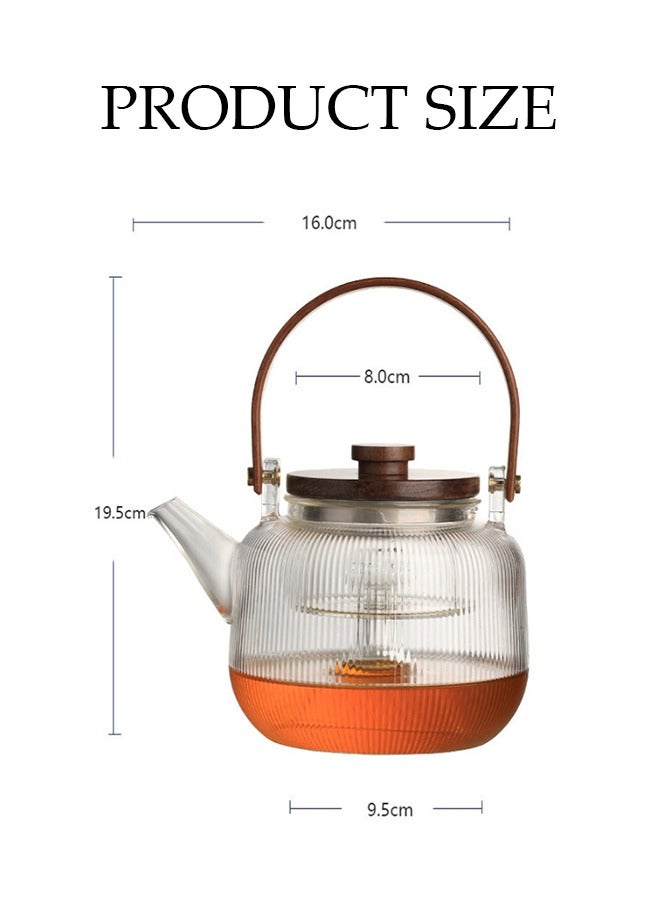 إسكدنيا 800ML Vertical Lines Borosilicate Glass Teapot With Infuser Filter,Large Capacity Boiling Teapot with Wooden Handle,for Women and Adult,Clear - Image 3