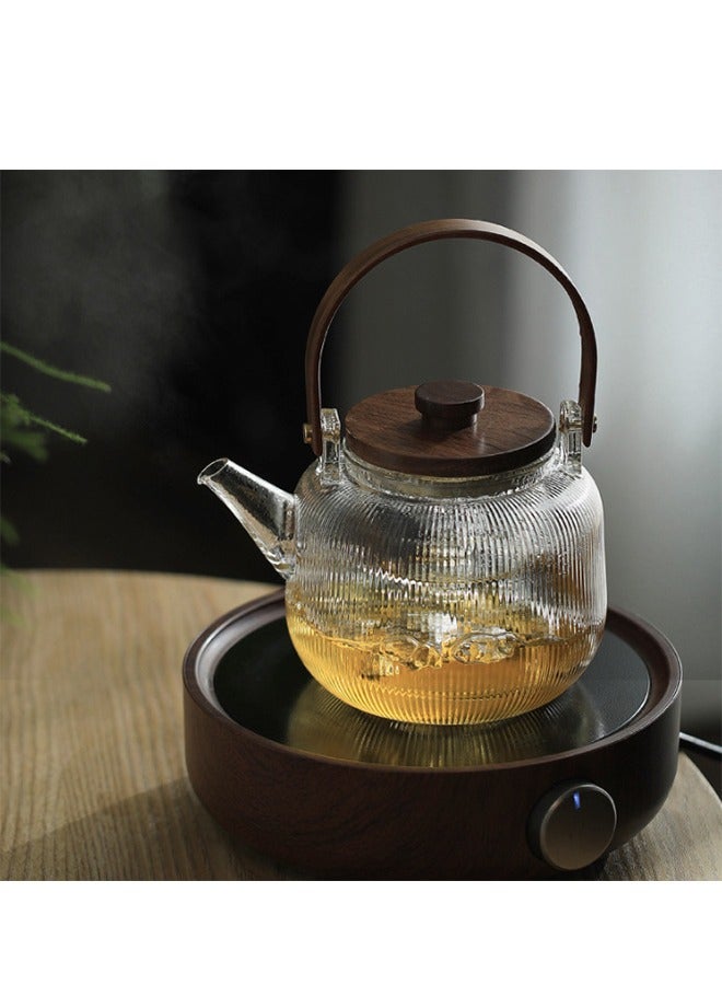 إسكدنيا 800ML Vertical Lines Borosilicate Glass Teapot With Infuser Filter,Large Capacity Boiling Teapot with Wooden Handle,for Women and Adult,Clear - Image 1
