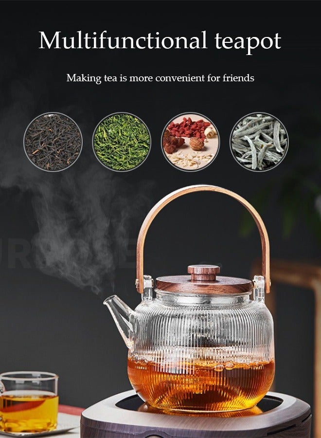 إسكدنيا 800ML Vertical Lines Borosilicate Glass Teapot With Infuser Filter,Large Capacity Boiling Teapot with Wooden Handle,for Women and Adult,Clear - Image 5
