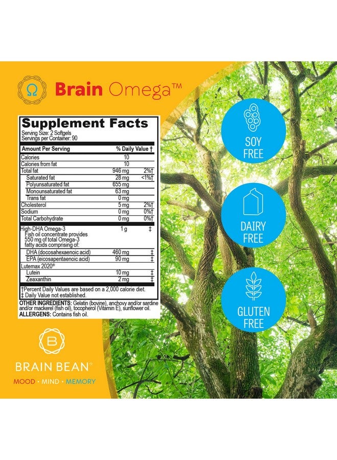 Brain-Bean Brain Omega with Lutein and Zeaxanthin - Omega 3 Supplement for Brain, Heart & Eye Health - 460 mg DHA, 90 mg EPA, Lutein and Zeaxanthin Supplements - 180 Softgels (90 Servings) - Image 2