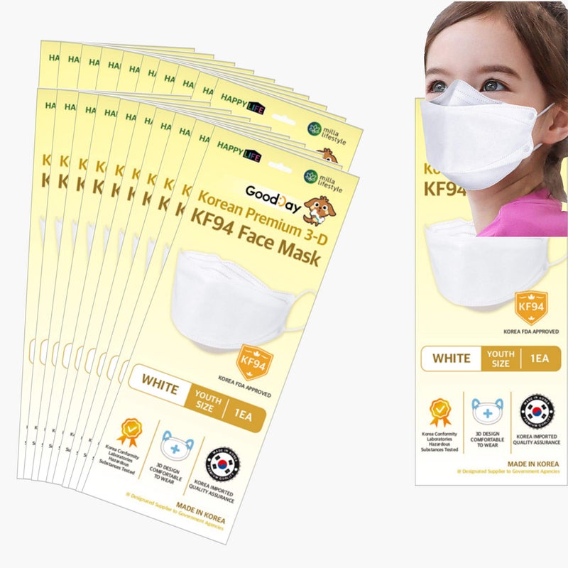 Pack of 20 Premium 3D Disposable White Kids KF94 Face Mask Youth Mask Age 515 Old 4Layer Filters Protective Nose Mouth Covering Dust Mask Individual Packs White Color Made in Korea 20