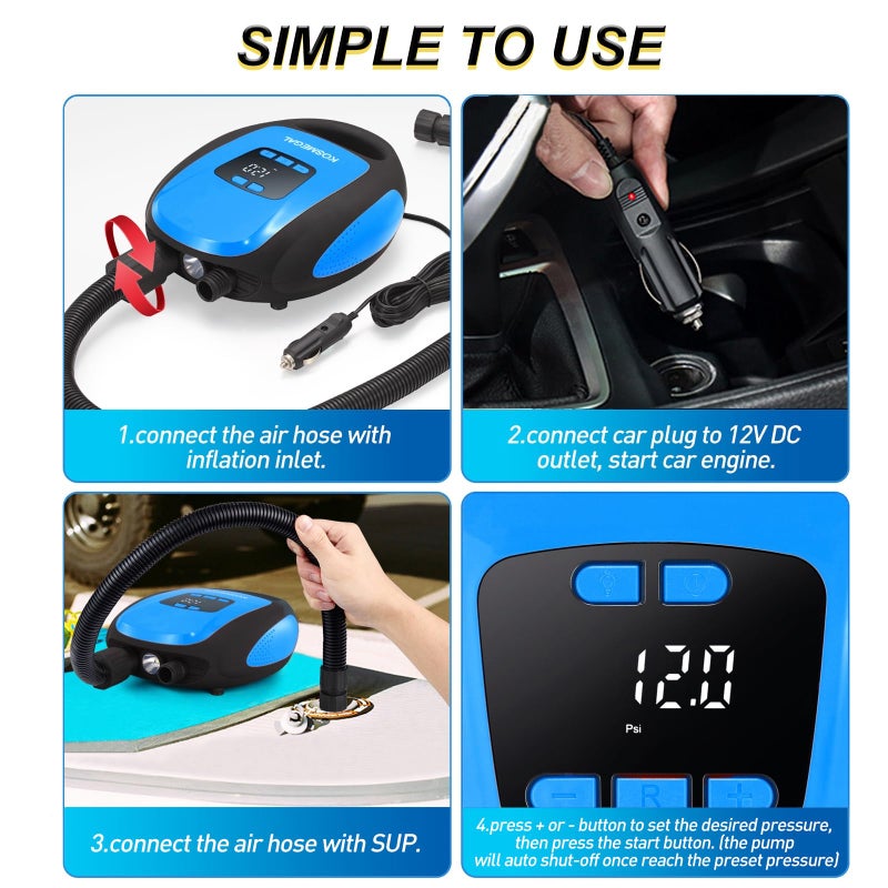 kosmegal Paddle Board Pump Electric Portable, SUP Pump for Paddleboard, Professional 20PSI Air Compressor with Auto-Off, Deflation Function and 12V DC Car Connector for Inflatables, Kayaks and Boats(Lake Blue) - Image 5