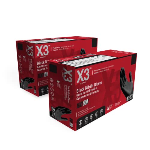 X3 Black Nitrile Disposable Industrial Gloves, 3 Mil, Latex/Powder-Free, Food-Safe, Non-Sterile, Textured, Large, 2 Boxes of 100 - Image 1