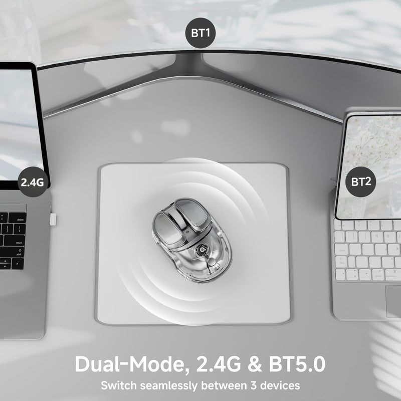 SEUNKWANG EWEADN Q9 Wireless Clear Mouse Dual Mode Bluetooth & 2.4G USB Computer Mouse with RGB Lighting, Silent Clicks, Multi-Device Compatibility for Laptop, PC, MacBook, iPad Cute Mouse-Sliver - Image 2