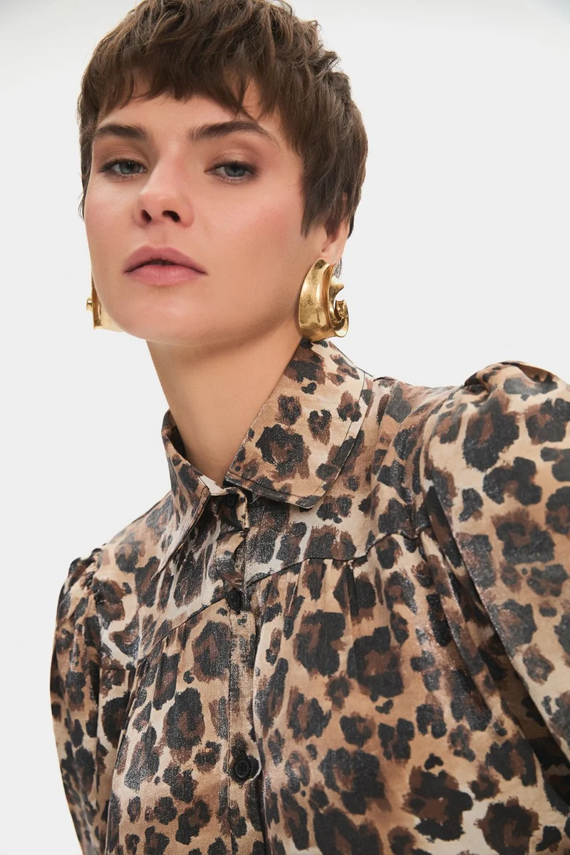 JUNE Women's Shirt Collar Leopard Patterned Gathered Detail Mini Dress