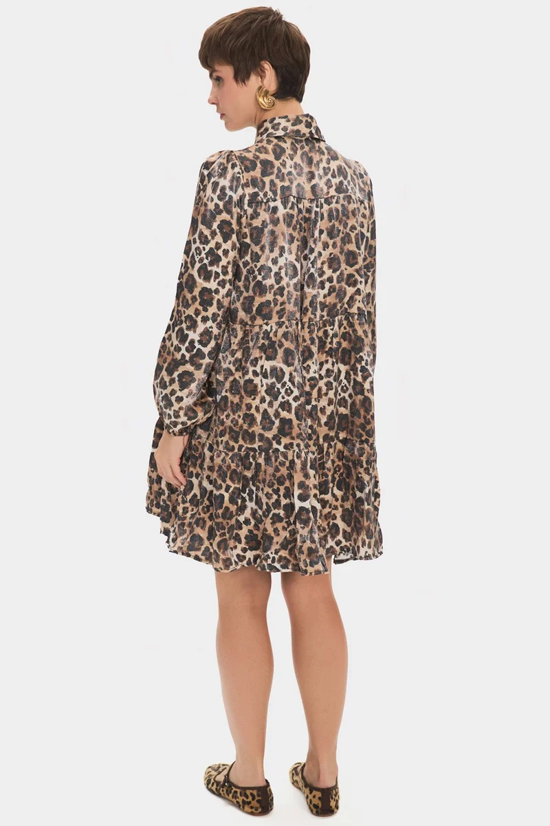 JUNE Women's Shirt Collar Leopard Patterned Gathered Detail Mini Dress