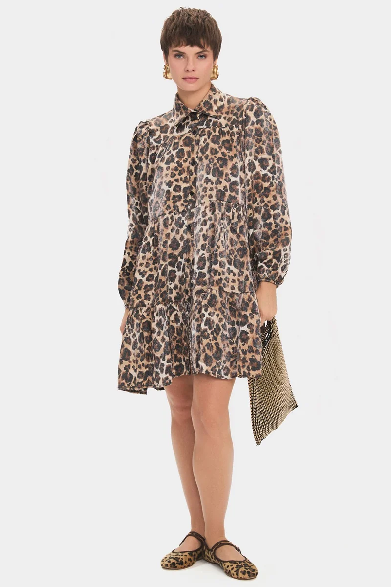 JUNE Women's Shirt Collar Leopard Patterned Gathered Detail Mini Dress