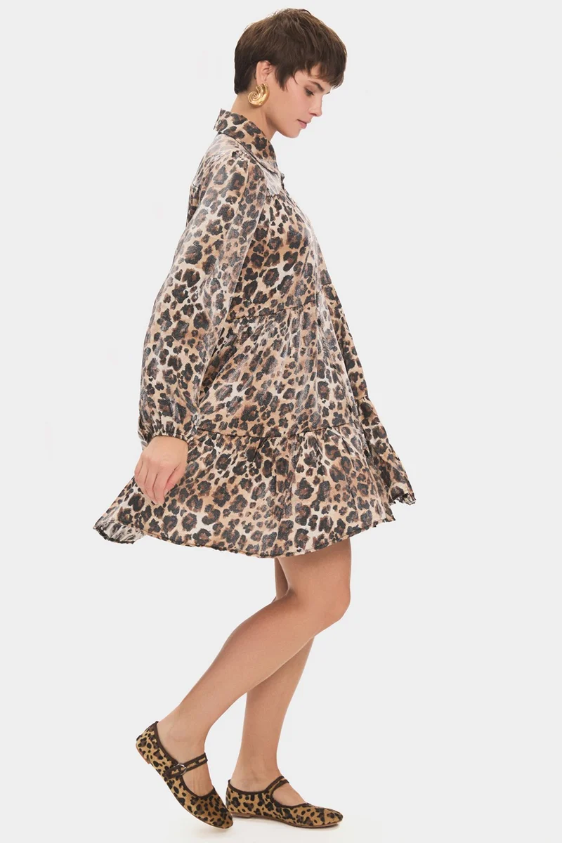 JUNE Women's Shirt Collar Leopard Patterned Gathered Detail Mini Dress