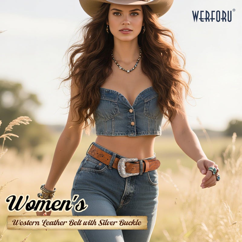 WERFORU 2 Pack Women Western Leather Belts for Jeans Western Belts with Big Buckle Country Belts for Cowgirls - Image 3