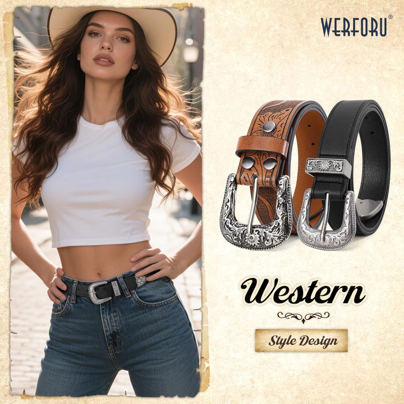 WERFORU 2 Pack Women Western Leather Belts for Jeans Western Belts with Big Buckle Country Belts for Cowgirls - Image 2