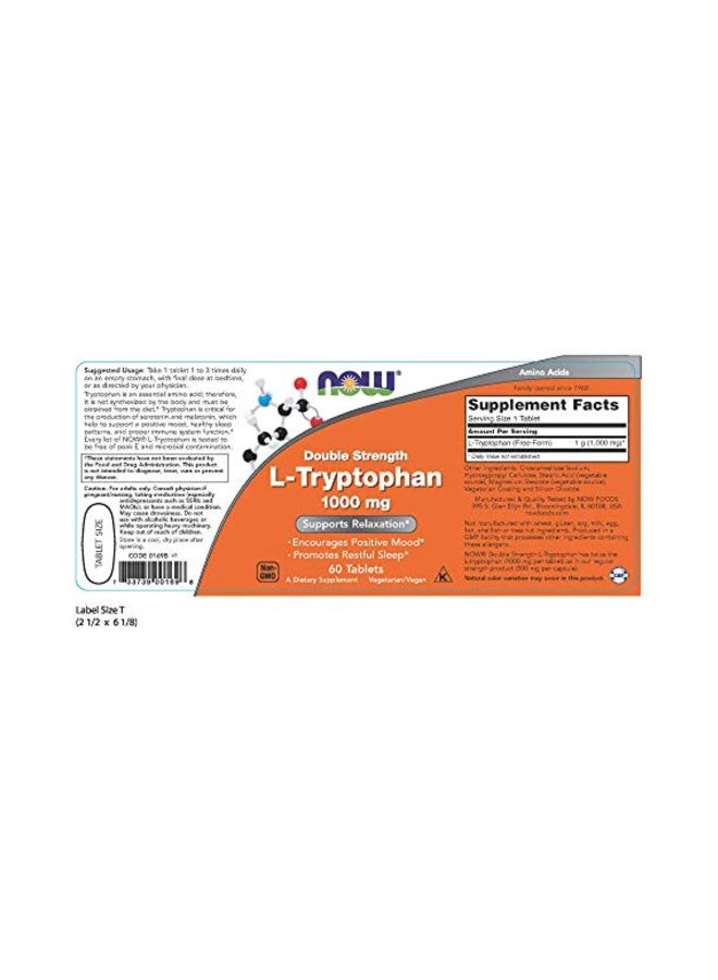 Now Foods Dietary Supplement L-Tryptophan 1000 mg - 60 Tablets - Image 2